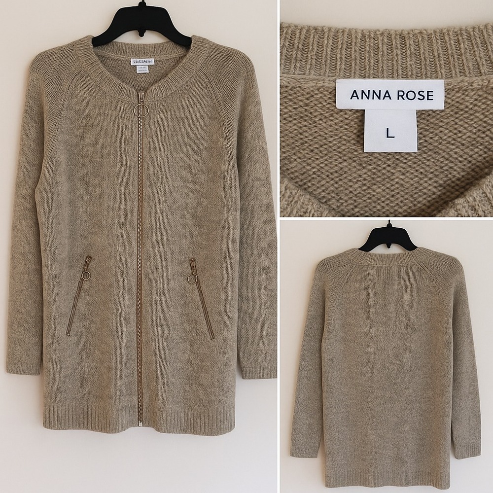 Anna Rose Women's L Cardigan Sweater Beige‎ Heather Knit Full Zip Front Pockets